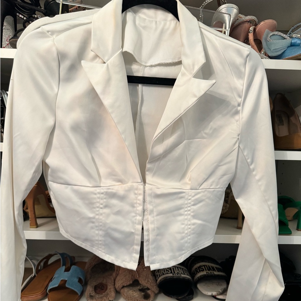 White satin long sleeve collared corset top